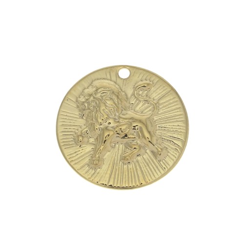 Dije redondo a rayas - Signo del Zodiaco León 15 mm - Dorado al oro fino x1