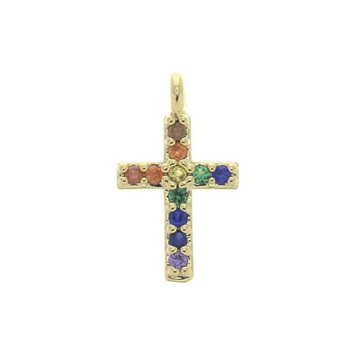 Dije de cruz de óxido de circonio 11,5x7 mm - Dorado con oro fino - Multicolor x1