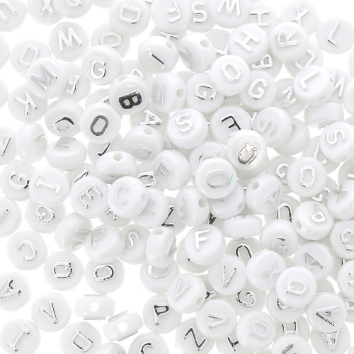 Surdido de 200 cuentas letras redondas alfabeto relieve 9.5mm - Blanco - Plateado