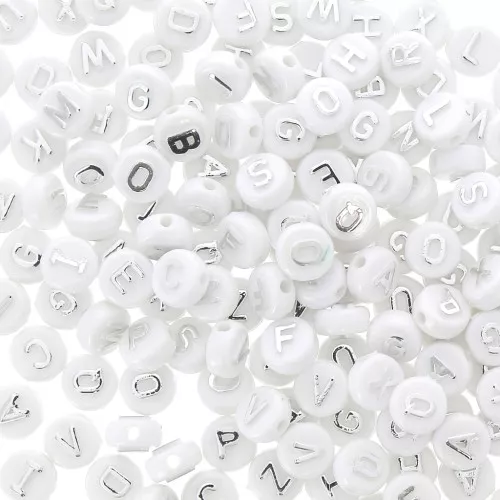 Surdido de 200 cuentas letras redondas alfabeto relieve 9.5mm - Blanco - Plateado