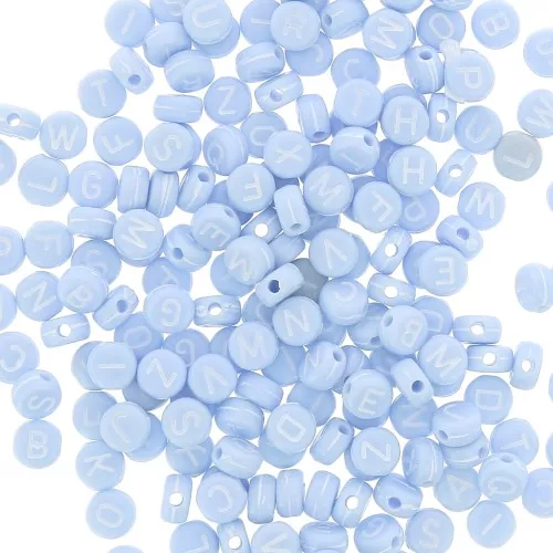 Surdido de 200 cuentas letras redondas alfabeto 7 mm Bleu pastel - Blanco