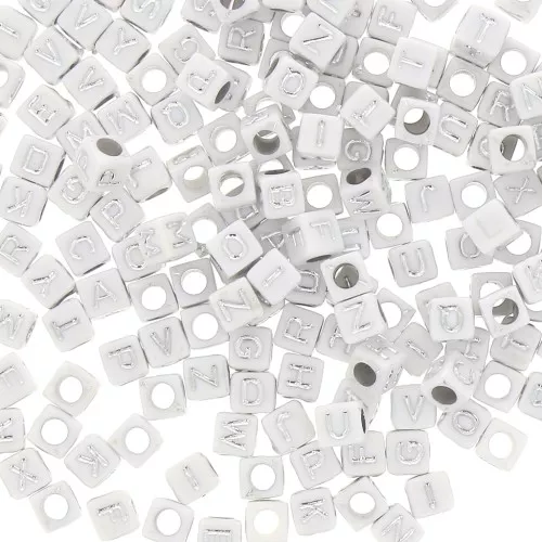 Surtido de 200 cuentas letras alfabeto cubos 6 mm - Blanco - Plateado