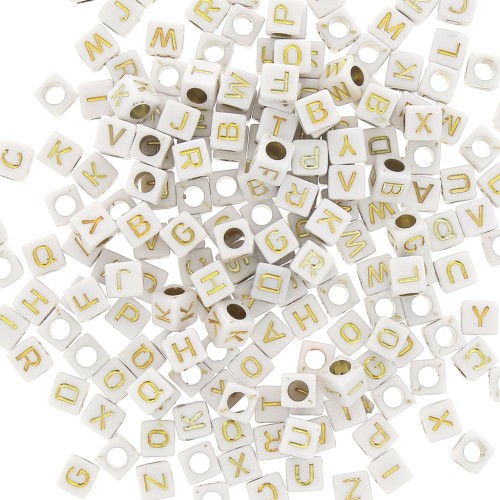 Surtido de 200 cuentas letras alfabeto cubos 6 mm - Blanco - Dorado