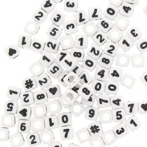 Surtido de 100 cuentas cifras y símbolos cubos 7 mm - Blanco - Negro