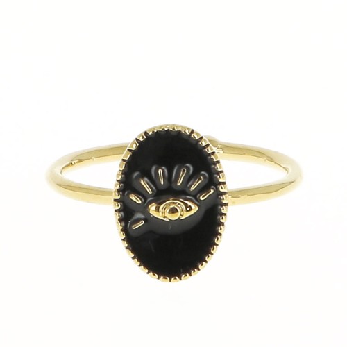 Anillo ovalado ajustable de latón resina epoxi - estampado ojo - Dorado con oro fino - Negro x1