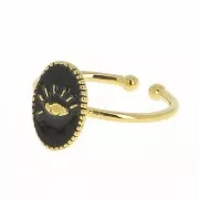 Anillo ovalado ajustable de latón resina epoxi - estampado ojo - Dorado con oro fino - Negro x1