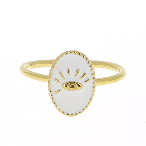 Anillo ovalado ajustable resina epox - estampado ojo  Dorado con oro fin- Blancox1
