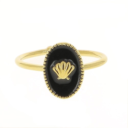 Anillo ovalado ajustable resina epoxi - concha - Dorado con oro fino- Negro x1