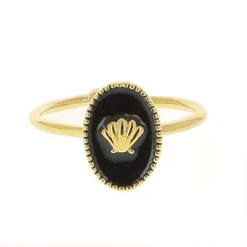 Anillo ovalado ajustable resina epoxi - concha - Dorado con oro fino- Negro x1