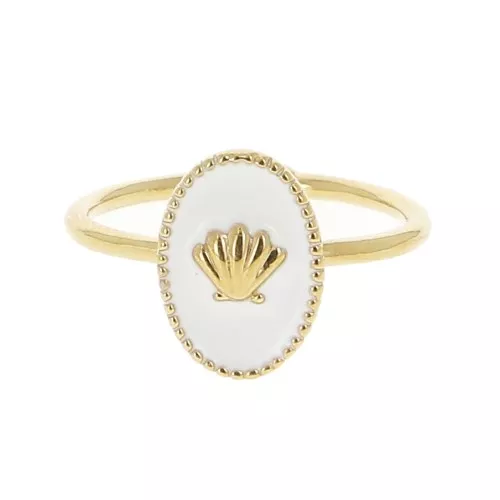 Anillo ovalado ajustable resina epoxi - concha - Dorado con oro fino- Blancox1