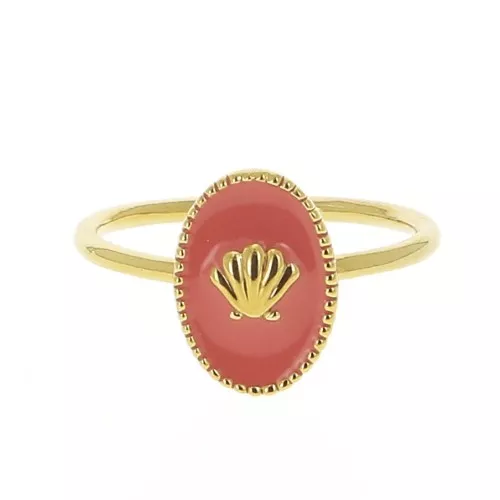 Anillo ovalado ajustable resina epoxi - concha - Dorado con oro fino- Coral x1