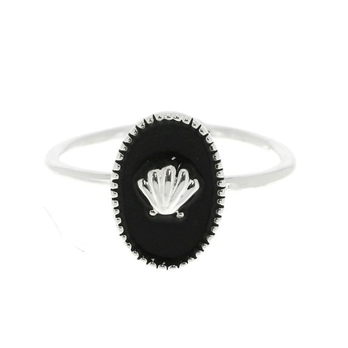 Anillo resina epoxi - estampado concha - chapado en plata fina- Negro x1