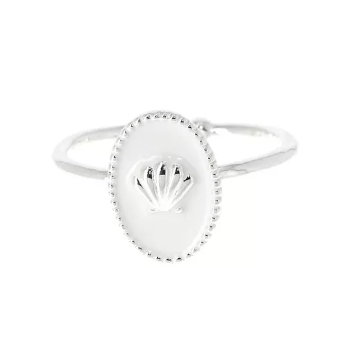 Anillo ajustable resina epoxi - estampado concha - chapado en plata fina- Blancox1