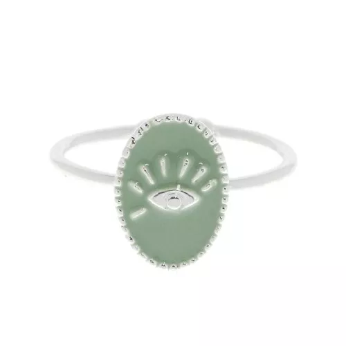 Anillo ajustable resina epoxi - estampado ojo - chapado en plata fina - Mint x1