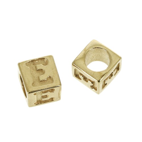 Cuenta letra alfabeto cubo 5 mm con un agujero grande- E - Chapado de Oro 3 micras x1