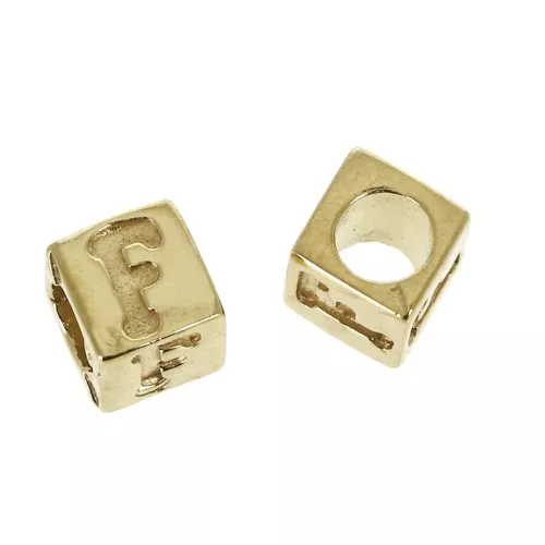 Cuenta letra alfabeto cubo 5 mm con un agujero grande F - Chapado de Oro 3 micras x1