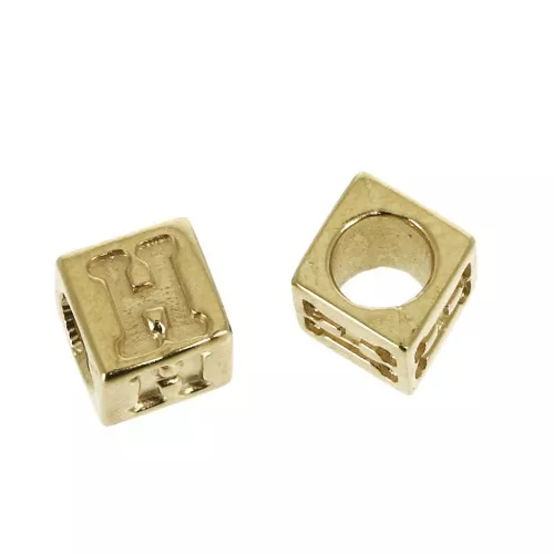 Cuenta letra alfabeto cubo 5 mm con un agujero grande- H - Chapado de Oro 3 micras x1