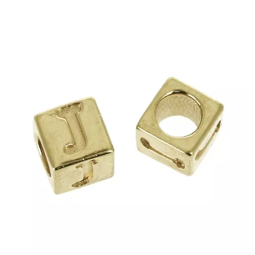 Cuenta letra alfabeto cubo 5 mm con un agujero grande- J - Chapado de Oro 3 micras x1