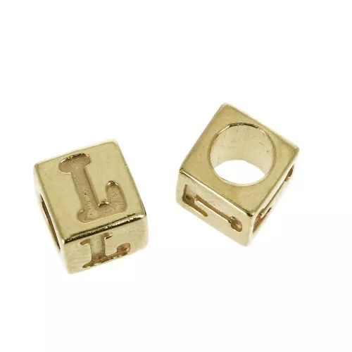 Cuenta letra alfabeto cubo 5 mm con un agujero grande- L - Chapado de Oro 3 micras x1