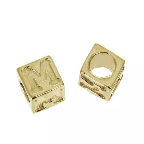 Cuenta letra alfabeto cubo 5 mm con un agujero grande M - Chapado de Oro 3 micras x1