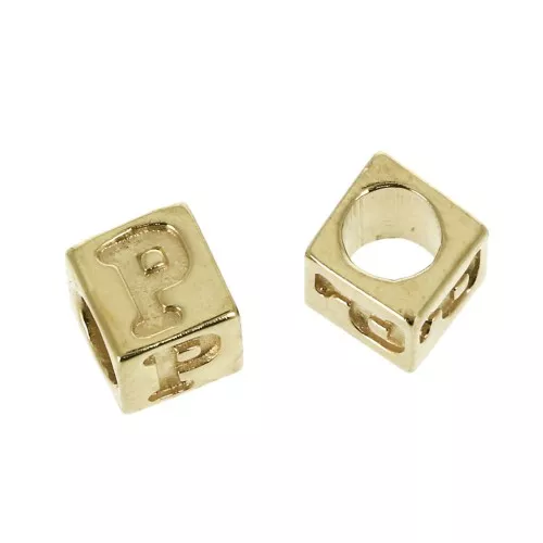 Cuenta letra alfabeto cubo 5 mm con un agujero grande P - Chapado de Oro 3 micras x1