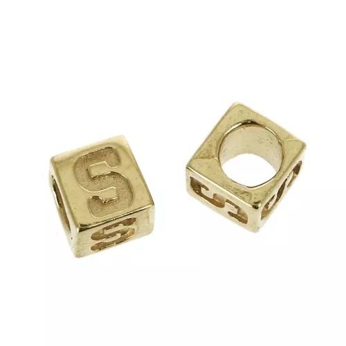 Cuenta letra alfabeto cubo 5 mm con un agujero grande- S - Chapado de Oro 3 micras x1