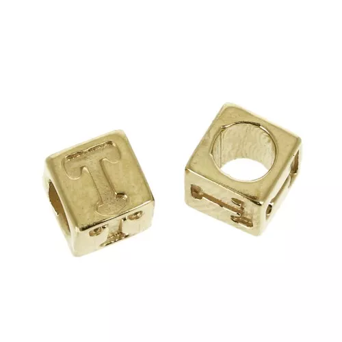 Cuenta letra alfabeto cubo 5 mm con un agujero grande- T - Chapado de Oro 3 micras x1