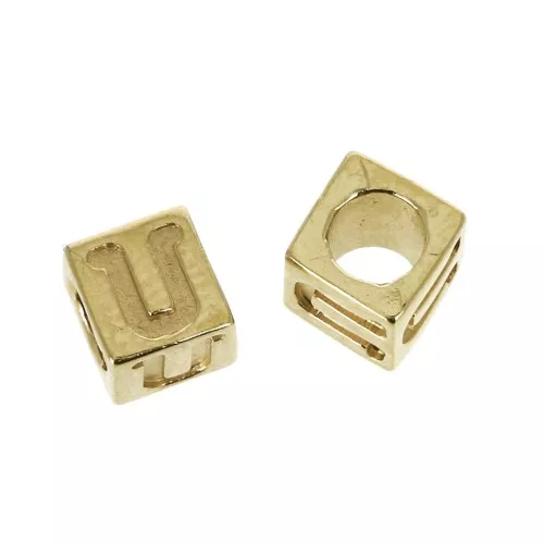 Cuenta letra alfabeto cubo  5 mm con un agujero grande- U - Chapado de Oro 3 micras x1
