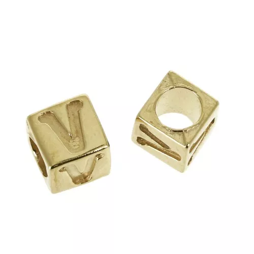 Cuenta letra alfabeto cubo 5 mm con un agujero grande- V - Chapado de Oro 3 micras x1