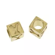 Cuenta letra alfabeto cubo 5 mm con un agujero grande- Y - Chapado de Oro 3 micras x1
