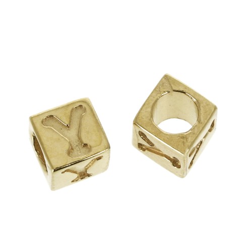 Cuenta letra alfabeto cubo 5 mm con un agujero grande- Y - Chapado de Oro 3 micras x1