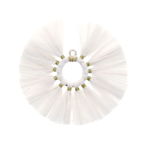 Colgante abanico con pompones de rafia 53 mm - Blanco - Dorado x1