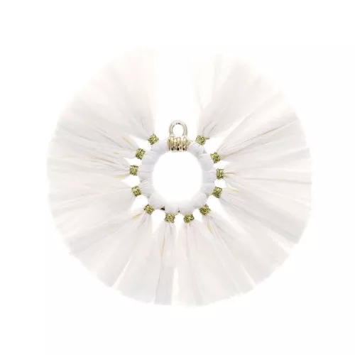 Colgante abanico con pompones de rafia 53 mm - Blanco - Dorado x1