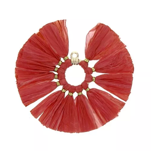 Colgante abanico con pompones de rafia 53 mm -Rojo - Dorado x1