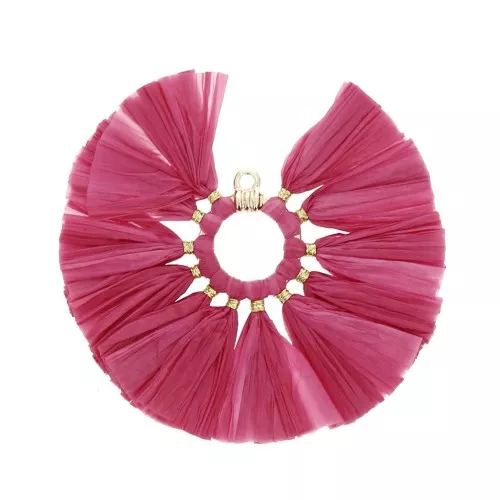 Colgante abanico con pompones de rafia 53mm - Frambuesa - Dorado x1