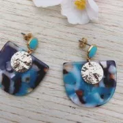 Ganchos pendientes redondo de resina epoxi 11.5x9 mm - Dorado con oro fino - Rosa coral x2