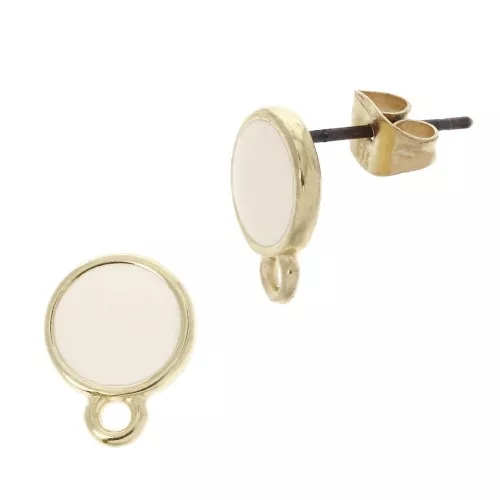 Ganchos pendientes redondo de resina epoxi 11.5x9 mm - Dorado con oro fino - Color marfil x2
