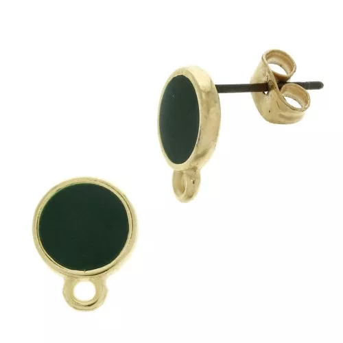 Ganchos pendientes redondo de resina epoxi 11.5x9 mm - Dorado con oro fino - Verde sapin x2
