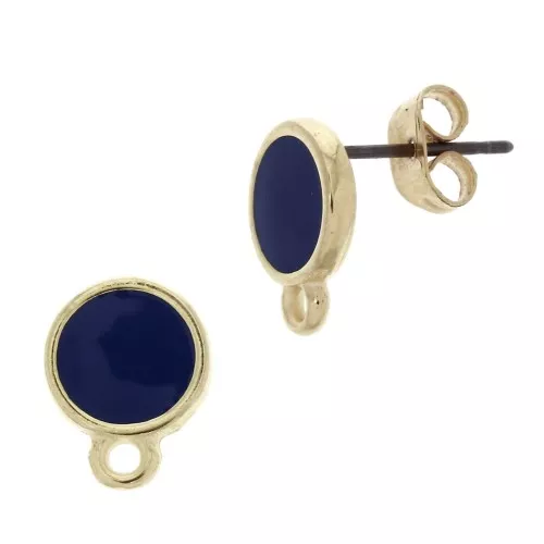 Ganchos pendientes redondo de resina epoxi 11.5x9 mm - Dorado con oro fino - Azul Marino x2