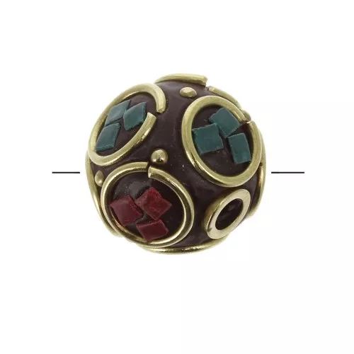 Cuenta arandela tibetana de latón estilo étnico 14 mm Rojo - Turquesa x1