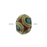 Cuenta arandela tibetana de latón estilo étnico 9x11 mm Rojo - Turquesa x1