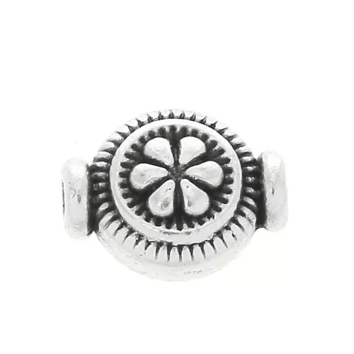 Perle ronde travaillée motif fleur en zamac 10x8 mm - Chapado Plateado envejecidox1
