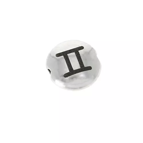 Cuenta redonda plana de metal 8 mm - Signo del Zodiaco Geminis - Plateado envejecido x1