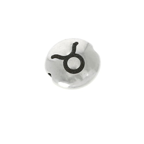 Cuenta redonda plana de metal 8 mm - Signo del Zodiaco Toro - Plateado envejecido x1