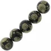 Cuenta Japonesa Tensha de resina - Decal Miyuki 14 mm - Negro - Dorado x1