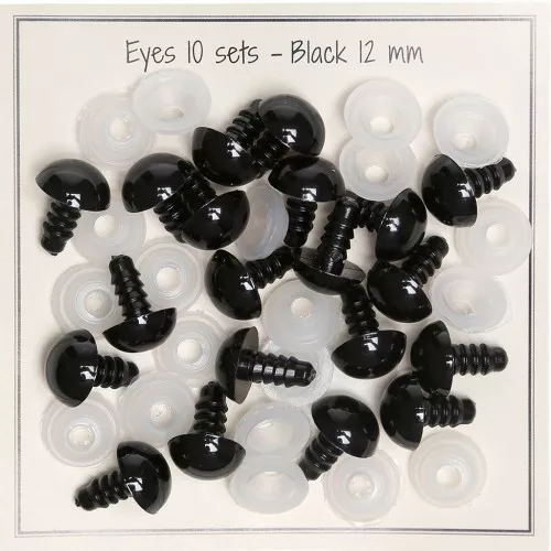 Ojos con seguridad de plástico - para peluche y amigurumi 12 mm Negro x10 paires