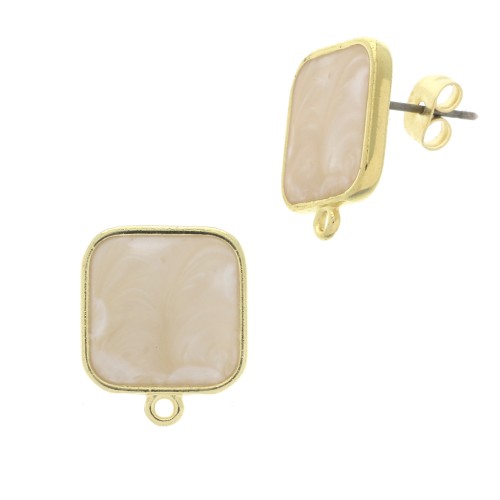 Ganchos pendientes cuadrado en resina epoxi 17x15 mm - Dorado con oro fino - White pearl x2