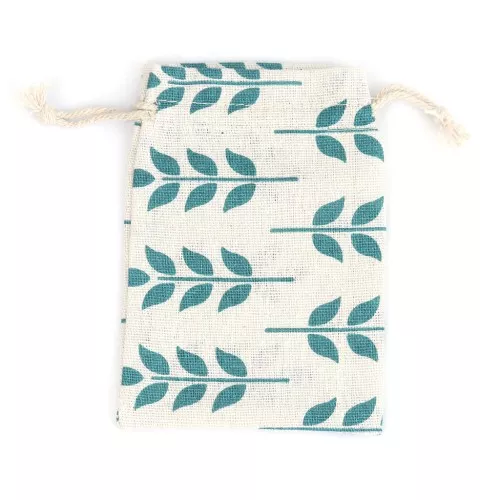 Bolsa pequeña de algodón estampado hojas para joyas 95x135 mm - Beige - Verde x1