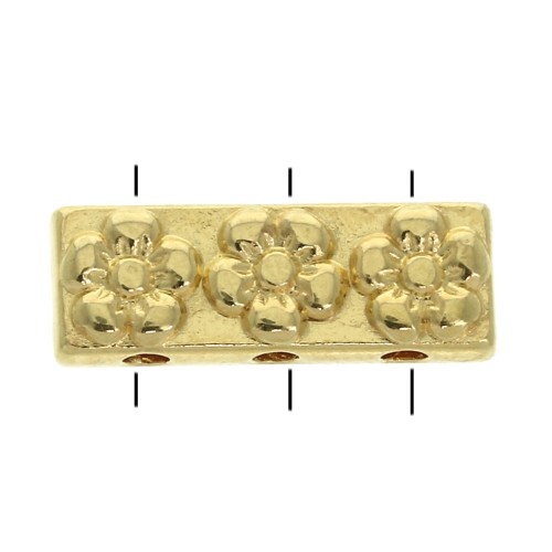 Entrepiezas rectangular 3 agujeros - estamapados flores 17x6 mm - Dorado oro fino x1