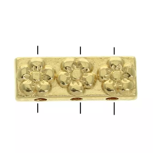 Entrepiezas rectangular 3 agujeros - estamapados flores 17x6 mm - Dorado oro fino x1